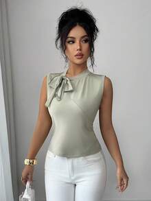 Aalyst Women's Fashion Loose Scoop Neck Sleeveless Tank Top, Tie Neck & Fishbone Splice Design, Versatile Casual Tank Top - Green - View 5