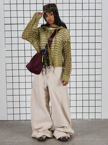 COUREZ Long Sleeve Open Knit Zip Thru Hoodie /Y2K Spring Clothes For Women Street Streetwear Cute Hoodies Going Out Outfits Party Rave Outfits Summer Tops Summer Outfits - Green - View 4