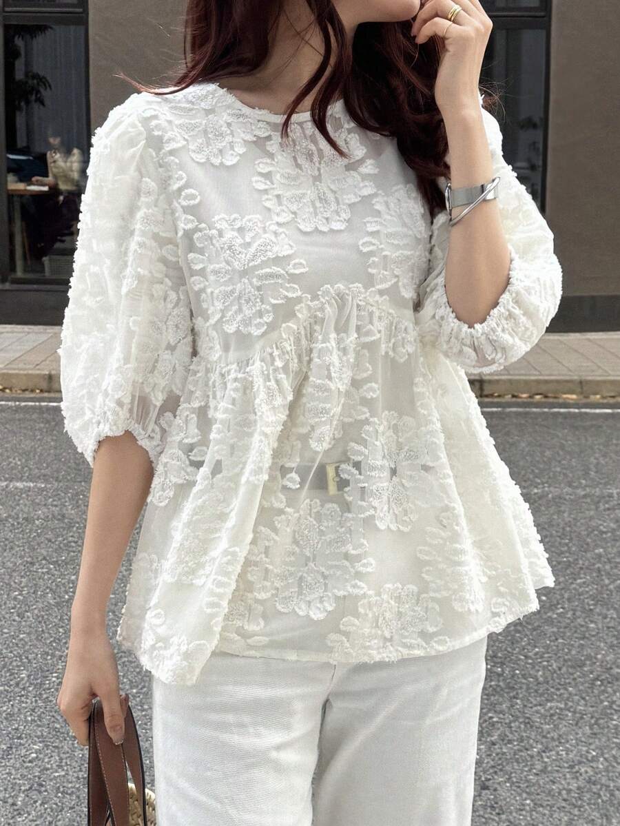 FRIFUL Women's Solid Color Pleated Ruffle Hem Loose Casual Versatile Short Sleeve Blouse, Summer/Spring - Beige - View 1