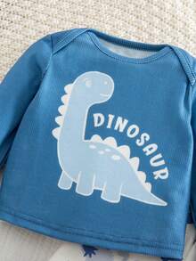 Newborn Baby Boy Casual Cute Cartoon Pattern Knit Long Sleeve Top And Elastic Waist Pants Set - Blue - View 4