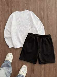 SWAVVY 男士圆领长袖休闲宽松套头卫衣套装 - 黑與白 - 查看 2