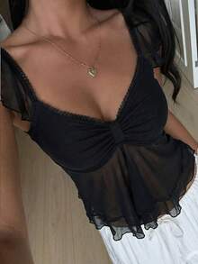 SHEIN EZwear Women's Summer Ruched Bust Mesh Ruffle Sleeve T-Shirt - Black - View 4