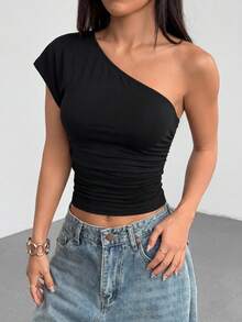 Flirla Black Cotton Oblique Shoulder Ruffle Sleeve Fitted T-Shirt For Women, Minimalist Vintage Elegant Casual Wear, Suitable For Spring/Summer - Black - View 5