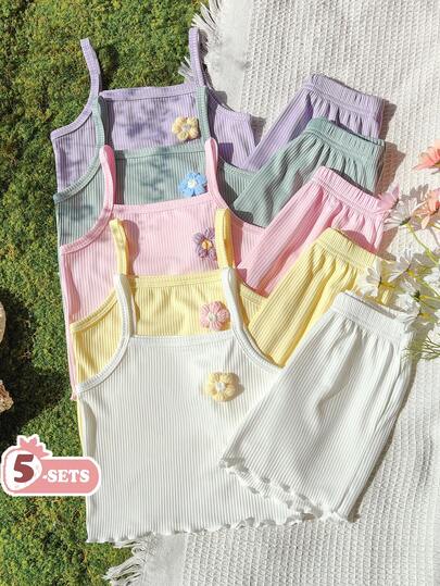 Vintaside Kids Younggirl This Summer Multi-Color, Simple, Casual, Comfortable And Versatile Sweet And Girlish Style Set Features A Three-Dimensional Hand-Hook Flower Decoration With Black Fungus Trim And A Halter Top And Shorts. Made Of Striped Fabric, It Has A Moderate Thickness And A Loose Fit, Making It Suitable For Daily Outings, School Days, Exercise, Park Walks, Family Gatherings, Birthday Parties, And Home Relaxation