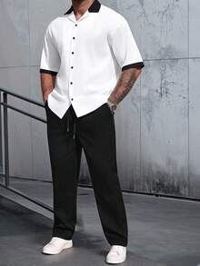 Manfinity Nomadique 男士休闲撞色短袖衬衫长裤套装，夏季 - 彩色 - 查看 3