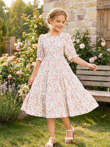 SHEIN Tween Girls Floral Print Puff Sleeve Dress, Sweet & Fashionable, No Belt, Spring/Summer - Pink - View 2