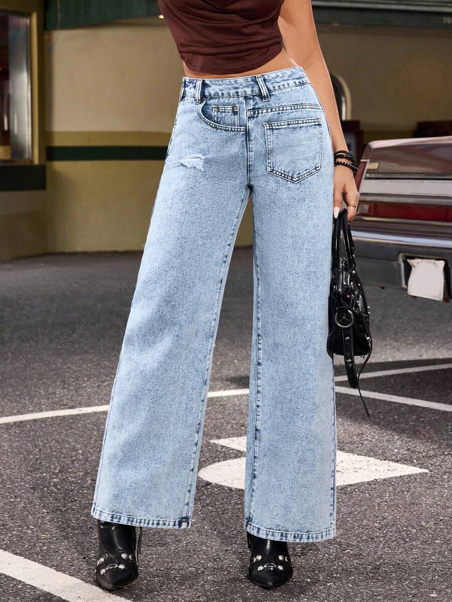 Jeanoix Women's Y2K Casual Everyday Commute Patchwork Design Distressed Loose Wide-Leg Jeans - Light Wash - View 1