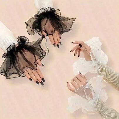 1 par de guantes de novia cortos y transparentes de encaje, con puños de dedos con perlas estilo europeo vintage, elegantes mangas de muñeca, para accesorios de fotografía de uñas, accesorios para fiestas de boda