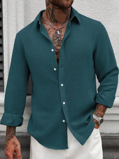 Manfinity CasualCool Men's Solid Color Single-Breasted Casual Linen Long Sleeve Shirt Men Button Up Shirt Turquoise Men Shirt Men Casual Long Sleeve Shirts Men's Textured Shirt