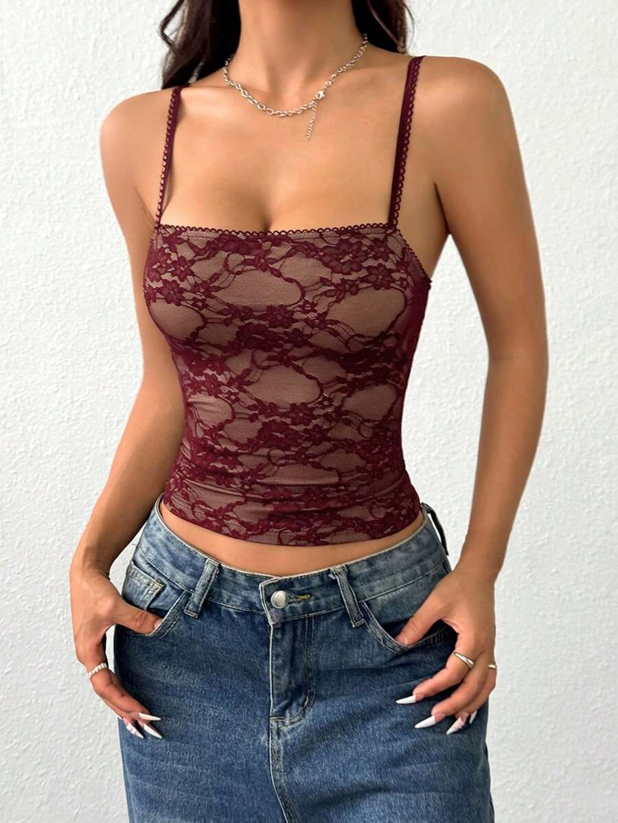 SHEIN EZwear 女士休闲蕾丝吊带背心，酒红色，夏季 - 酒紅色 - 查看 1