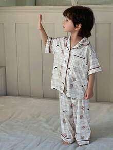 Dazy Kids 男童格子卡通印花短袖上衣和裤子睡衣套装