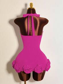Mistrie Women's Solid Color Contrast Lace Deep V-Neck Floral Decor Sexy Halter Dress - Hot Pink - View 2