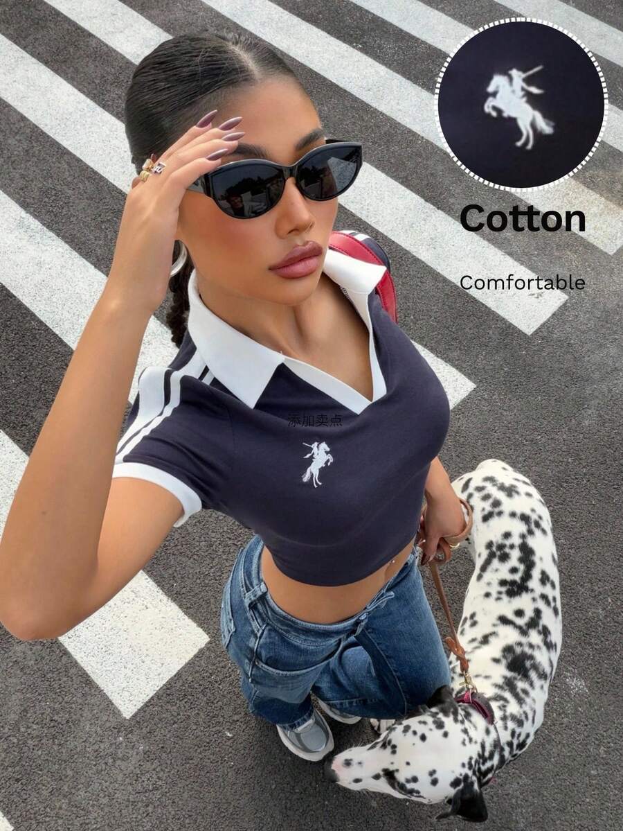 Muchica Áo thun thể thao mùa hè ngắn tay thời trang màu xanh dương, cổ bẻ, khóa kéo một phần, thêu họa tiết. - Xanh và trắng - Xem 1