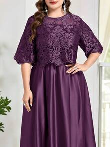 Reflora Plus Size Women Crew Neck Short Sleeve Jacquard Elegant Dress - Purple - View 12