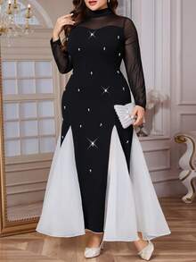 Reflora 大码优雅简约珍珠装饰长袖连衣裙 - 黑與白 - 查看 4