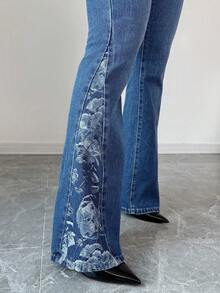 Elenzga Bộ đồ denim thời trang 2 món dành cho nữ, gồm áo dài tay hở vai và quần cạp cao. - Rửa trung bình - Xem 4