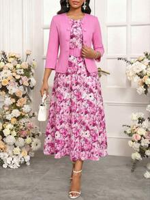 SHEIN Lady 优雅两件套纯色外套搭配印花长裙，适合所有季节 - 粉色 - 查看 3