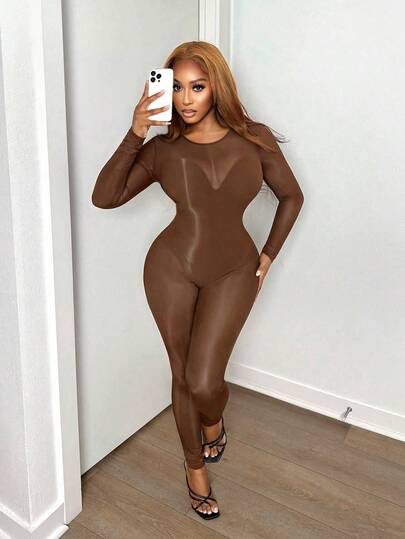 BamGleam Women's Solid Color Minimalist Casual Long Sleeve Jumpsuit