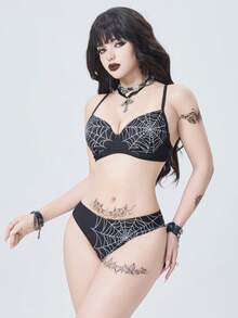 ROMWE Goth 女士浪漫神秘又略带惊悚的蜘蛛网印花比基尼套装，蝙蝠翼形罩杯，可调节宽肩带，树脂后扣，带钢圈的聚拢比基尼，适合新年、情人节、返校季、旅行季、户外活动、海滩、下午茶、派对、日常穿着、休闲、户外运动等场合。 - 黑與白 - 查看 8