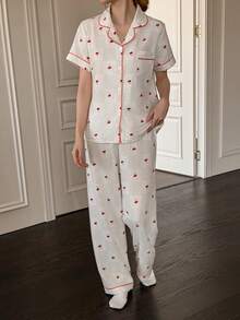 SHEIN Napfluff Bubble Wrinkle Cherry Plaid Print Short Sleeve Pajama Set - Beige - View 5