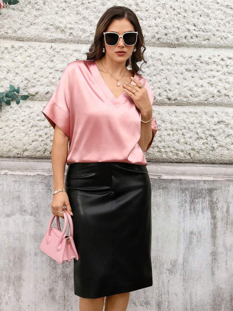 Plus Size Women Satin Batwing Sleeve Blush Pink Blouse For Summer/ Vacation,Spring Break,Elegant Top