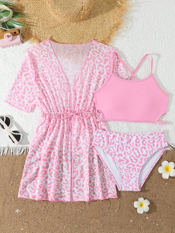 SHEIN Tween Girls Bikini Sets Cute Knitted Girl Pink Leopard Print Short Sleeve Belted Rash Guard Criss-Cross Hollow Waist Swimwear Triangle Set, Fashionable European Style, Elegant Lady, Suitable For Vacation, Swimming, Beach, Summer Girls Matching Sets Vacation Tween Three Pieces Swim Suit Tween Three Piece Swim Suit 3 Piece Swimsuit Set For Teenage Girl Girls Two Piece Cover Up With Bikini Girls Beach Set Swim Suit And Cover Up Set Teen Girl Matching Set