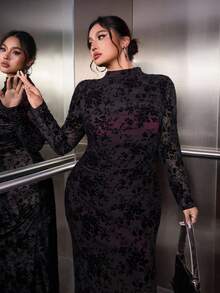SHEIN EZwear 大码酒红色休闲女式高领长袖连衣裙 - 酒紅色 - 查看 6
