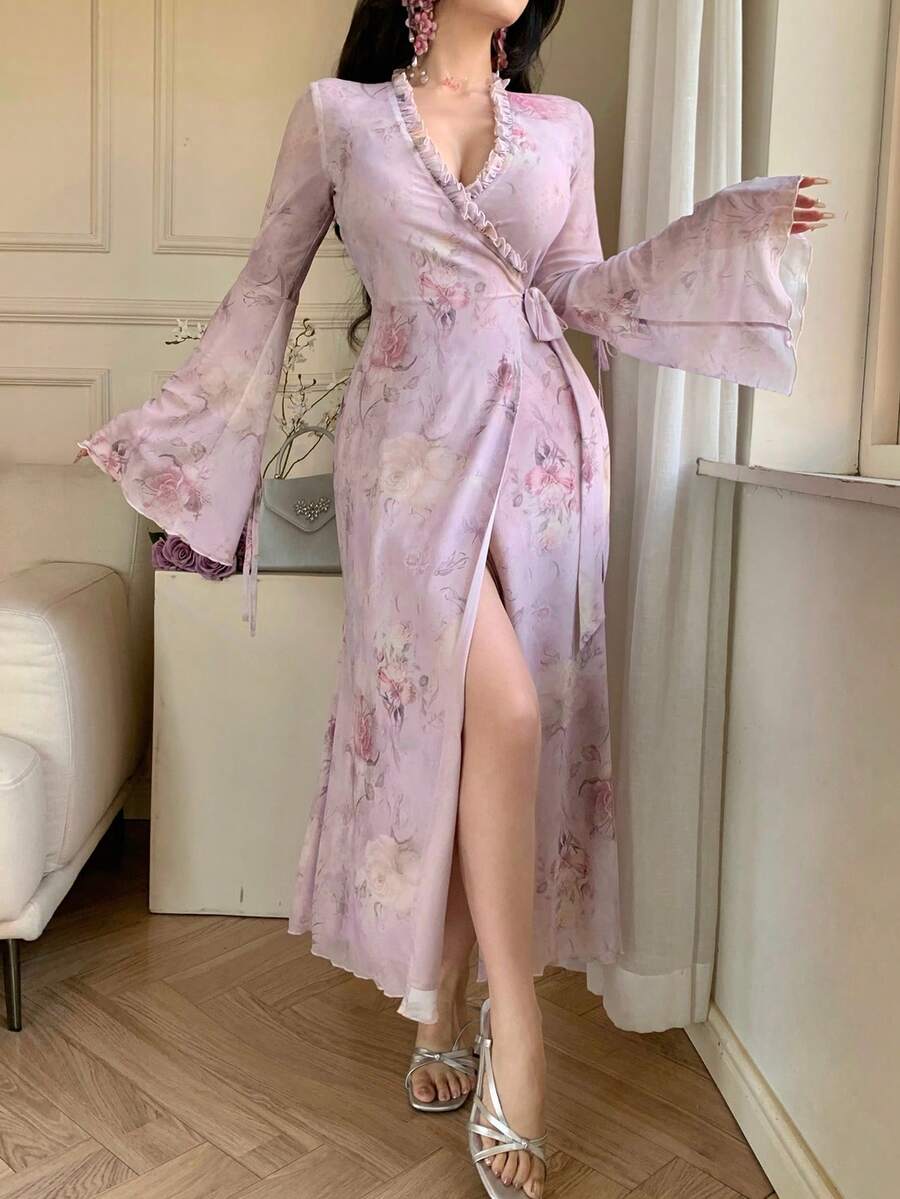 DAZY 春夏花卉蕾丝印花优雅长裙，适合情人节、婚礼、派对、正式场合，修身连衣裙 - 紫色 - 查看 1