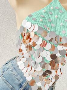Flirla Sexy Versatile Vacation Style Beaded Halter Knit Top - Green - View 5