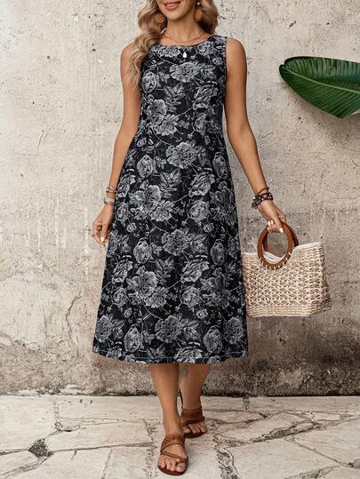 EMERY ROSE Women's Floral Print Round Neck Casual Sleeveless Denim Dress Summer Casual Dress For Women Black Skirt