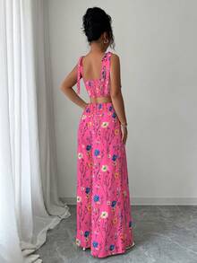 Elenzga Standard Size Women's Spaghetti Strap Backless Design + Waist Drawstring Wide Leg Pants 2 Pieces Set - Hot Pink - View 2