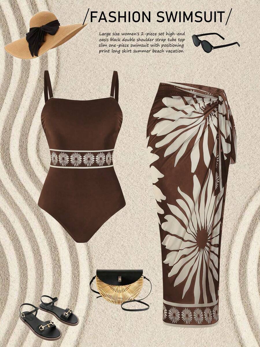 Swim Oasis 大码女式两件套高端绿洲黑色吊带连体泳衣，配有可调节肩带和印花长裙，适合夏季海滩度假 - 咖啡棕 - 查看 1