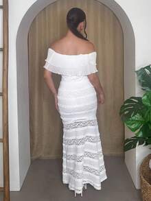 Andrea Bello Knitted Lace Off Shoulder Form-Fitting Fish Tail Dress For Women - White - View 2