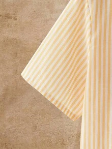 Manfinity VCAY 男士休闲通勤日常条纹前开襟短袖衬衫，夏季款 - 黃色 - 查看 7