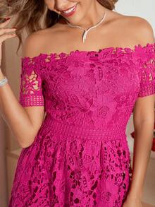 Ellevyn 女士新款优雅露肩收腰A字连衣裙，修身剪裁，适合情人节、约会、下午茶等场合 - 玫紅色 - 查看 11