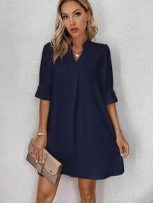 SHEIN Clasi Vestido suelto de mujer con cuello en V y mangas con volantes de unicolor - Azul Marino - Ver 1