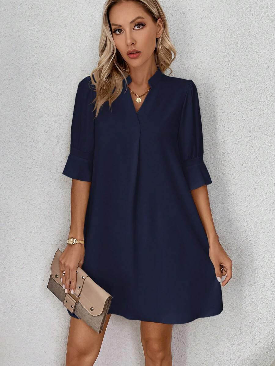 SHEIN Clasi Vestido suelto de mujer con cuello en V y mangas con volantes de unicolor - Azul Marino - Ver 1