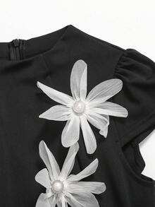SHEIN 少女休闲简约舒适收腰纯色连衣裙 - 黑色 - 查看 8