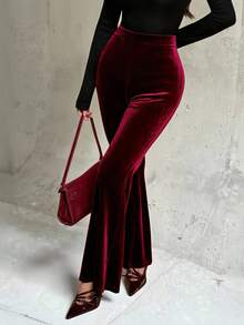 SHEIN PETITE Quần ống loe nữ cạp cao ôm dáng, thanh lịch, thời trang thường ngày, màu đỏ rượu vang, thích hợp cho mùa xuân hè, sân bay, trường học, công sở, mùa thu ấm áp, Giáng sinh, Năm mới, Lễ tình nhân. - Màu Đỏ Sâu - Xem 11