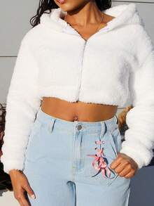 Steph T 秋冬落肩拉链连帽短款泰迪夹克 - 白色 - 查看 4