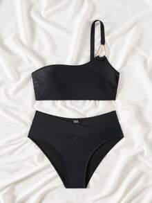 Swim Vcay 女士夏季新款纯色度假风单肩抹胸交叉前开比基尼套装 - 黑色 - 查看 3