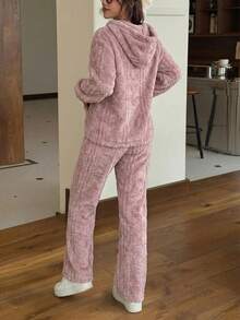 Mujer conjunto casual afelpado suave holgado con capucha manga larga otoño‑invierno para casa dos piezas,Conjuntos de dos piezas para mujer - Marrón - Ver 2