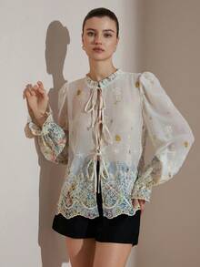Aveloria Rosie French Style Embroidered Tie Front Long Sleeve Blouse - Multicolor - View 5