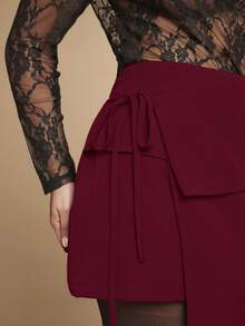 SHEIN BAE 大码女式纯黑色不对称多层开衩迷你裙，工作裙，优雅裙，通勤裙，休闲裙，办公室裙，紧身裙，性感裙 - 紫紅色 - 查看 5