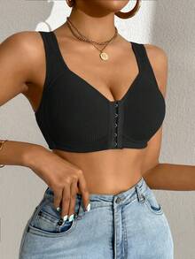 SHEIN Sujetador de unicolor con cierre delantero y almohadillas, negro - Negro - Ver 4