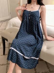 DAZY 女士花卉蕾丝拼接无袖吊带睡裙 - 藏蓝色 - 查看 4