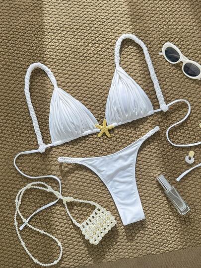 SHEIN Swim Chicsea Women's Summer Beach Solid Color Metal Starfish Decor Sexy Bikini Swimwear Set