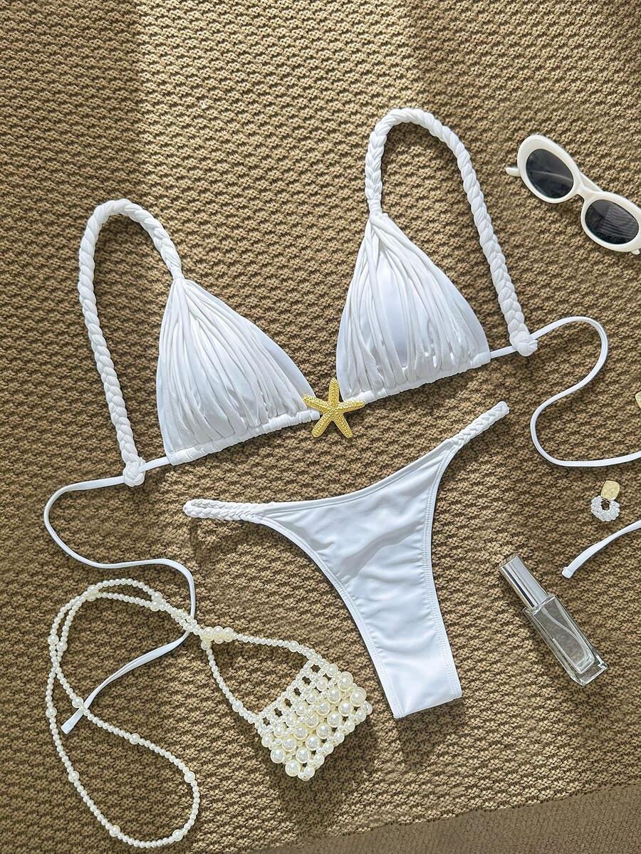 Swim Vcay Conjunto de bikini de baño sexy con decoración de estrella de mar de metal de unicolor para mujer - Blanco - Ver 1