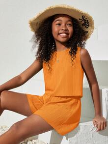 SHEIN NovaGlow Tween Girl Tween Girls' Casual Solid Color Sleeveless Woven Top And Shorts Set, Spring/Summer - Orange - View 4