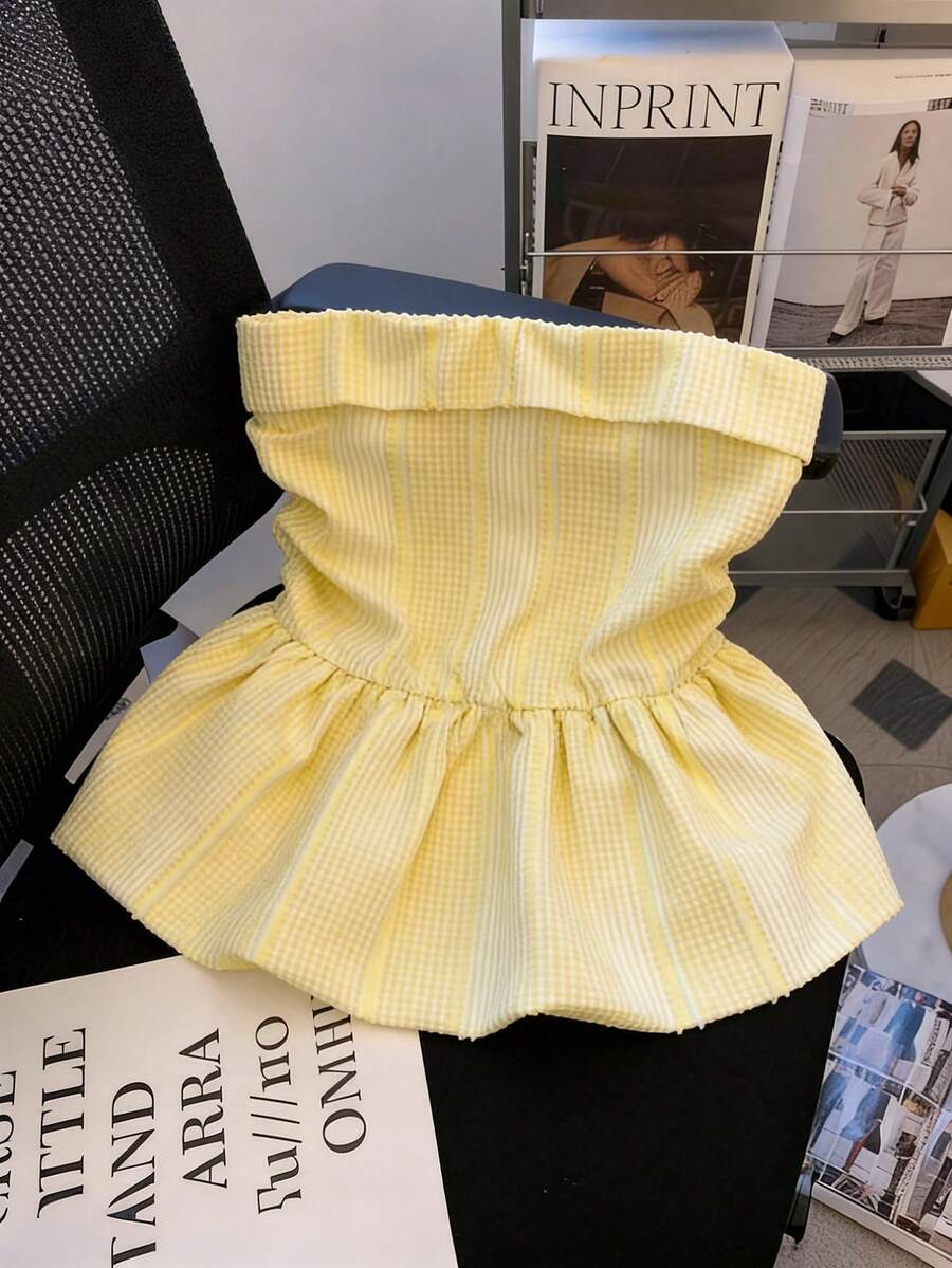 Resyla Women's Plaid Ruffle Hem Bandeau Top - Yellow - View 1